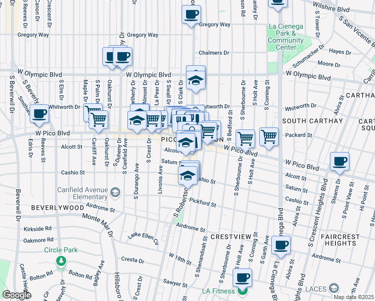 map of restaurants, bars, coffee shops, grocery stores, and more near 8826 West Pico Boulevard in Los Angeles