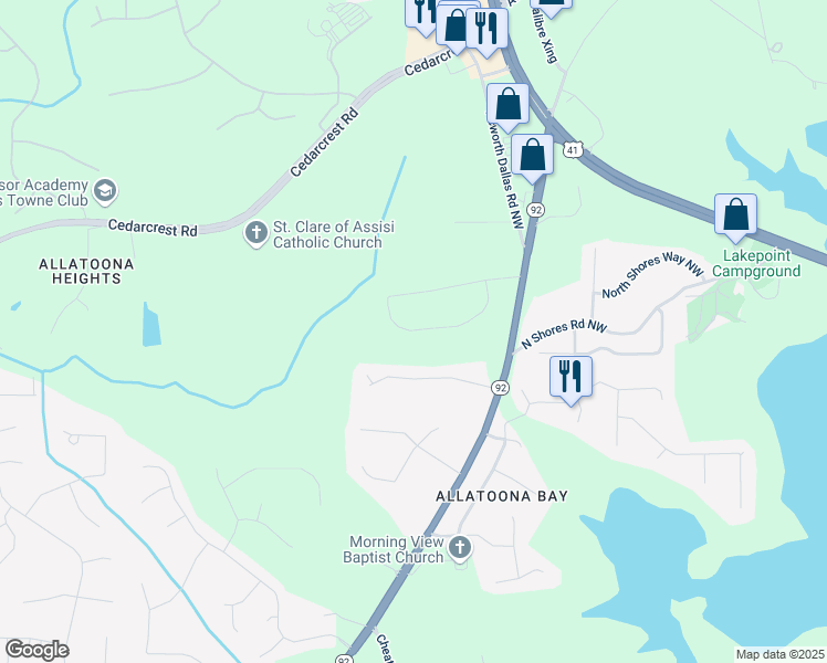 map of restaurants, bars, coffee shops, grocery stores, and more near 5886 Bridgemont Place in Acworth