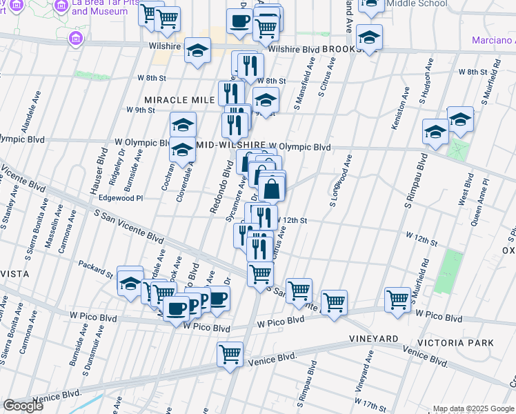 map of restaurants, bars, coffee shops, grocery stores, and more near 1100 South Orange Drive in Los Angeles