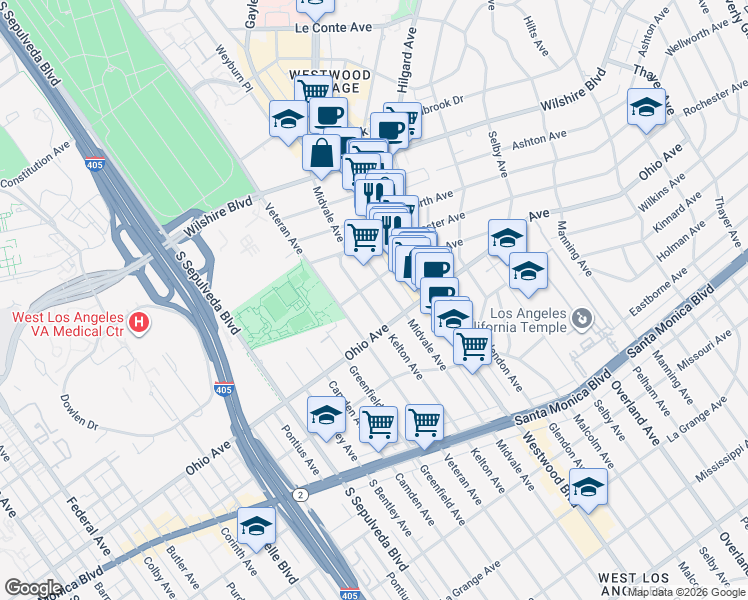 map of restaurants, bars, coffee shops, grocery stores, and more near 1409 Midvale Avenue in Los Angeles