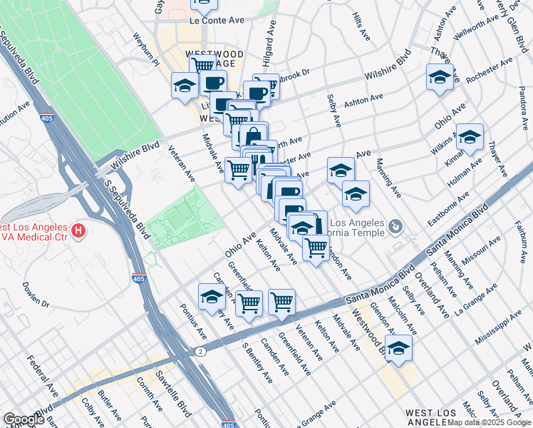 map of restaurants, bars, coffee shops, grocery stores, and more near 1438 Midvale Avenue in Los Angeles