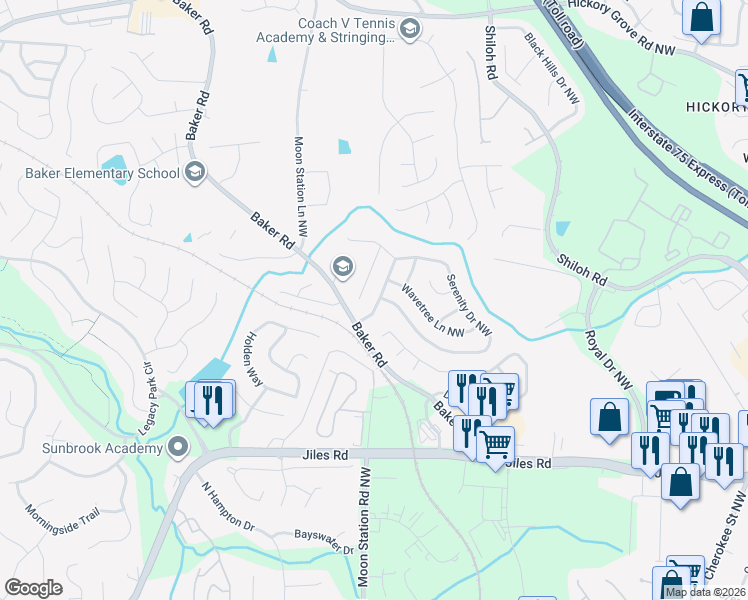 map of restaurants, bars, coffee shops, grocery stores, and more near 3809 Tidewater Way Northwest in Acworth