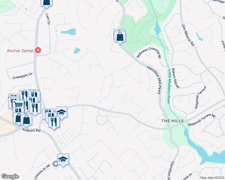 map of restaurants, bars, coffee shops, grocery stores, and more near 2405 Millwater Crossing Northeast in Dacula