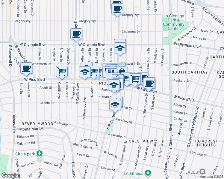 map of restaurants, bars, coffee shops, grocery stores, and more near 8826 West Pico Boulevard in Los Angeles