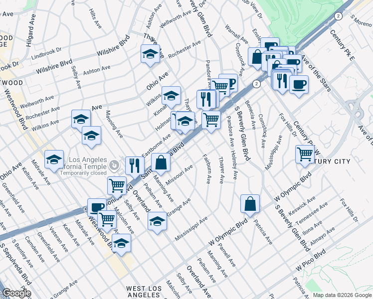 map of restaurants, bars, coffee shops, grocery stores, and more near 1810 Westholme Avenue in Los Angeles