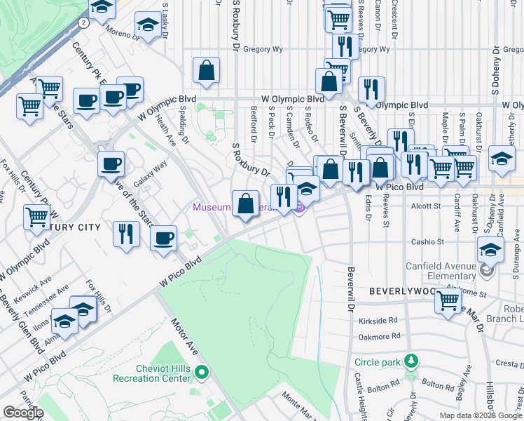 map of restaurants, bars, coffee shops, grocery stores, and more near 1239 Peck Drive in Los Angeles