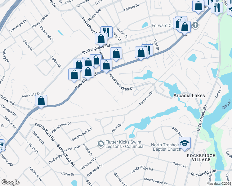 map of restaurants, bars, coffee shops, grocery stores, and more near 18 Ward Court in Columbia