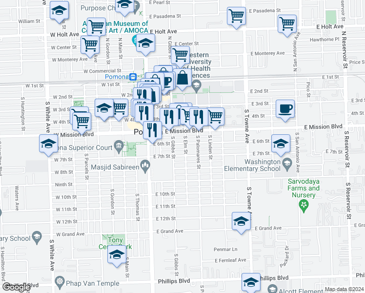 map of restaurants, bars, coffee shops, grocery stores, and more near 384 East 6th Street in Pomona