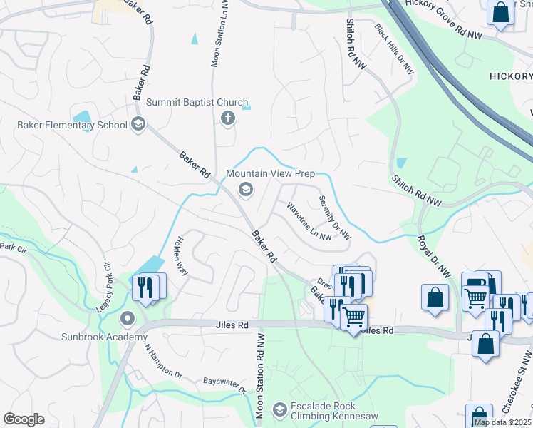 map of restaurants, bars, coffee shops, grocery stores, and more near 3809 Tidewater Way Northwest in Acworth