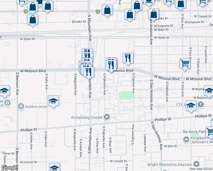 map of restaurants, bars, coffee shops, grocery stores, and more near 851 South Palmetto Avenue in Ontario