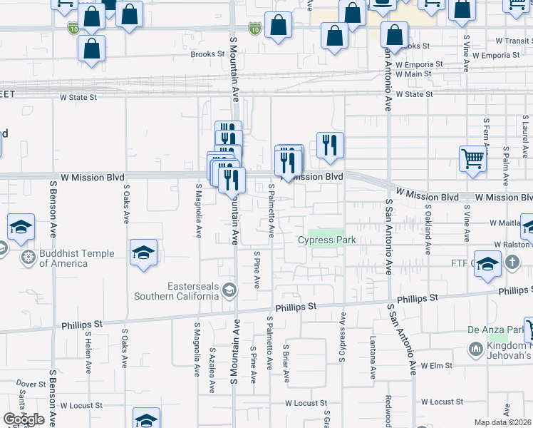 map of restaurants, bars, coffee shops, grocery stores, and more near 904 South Palmetto Avenue in Ontario