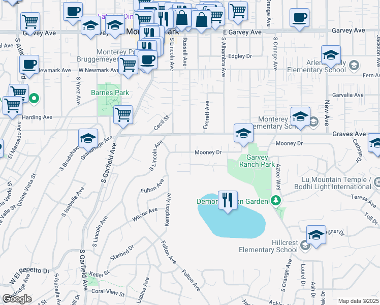 map of restaurants, bars, coffee shops, grocery stores, and more near Mooney Drive & South Russell Avenue in Monterey Park