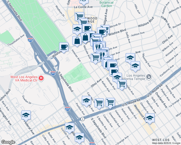 map of restaurants, bars, coffee shops, grocery stores, and more near 1396 Veteran Avenue in Los Angeles