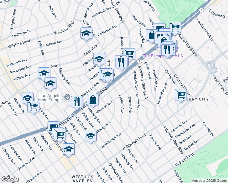 map of restaurants, bars, coffee shops, grocery stores, and more near 1821 Fairburn Avenue in Los Angeles