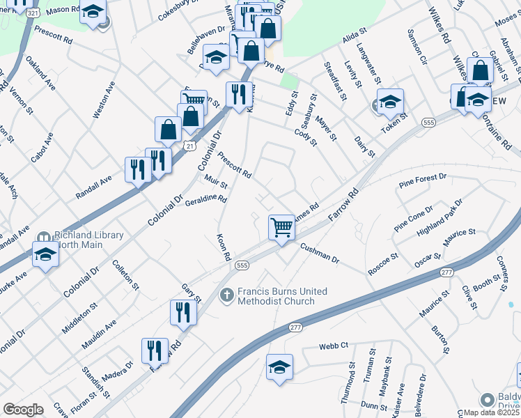 map of restaurants, bars, coffee shops, grocery stores, and more near 1601 Prescott Road in Columbia