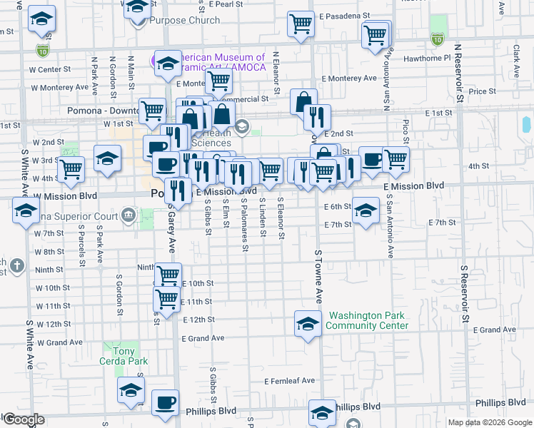 map of restaurants, bars, coffee shops, grocery stores, and more near 644 South Linden Street in Pomona