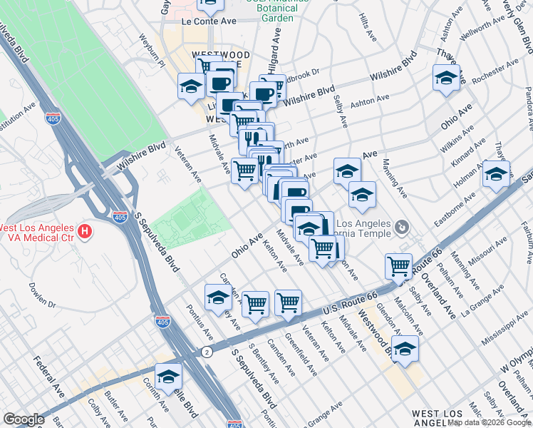 map of restaurants, bars, coffee shops, grocery stores, and more near Midvale Avenue in Los Angeles