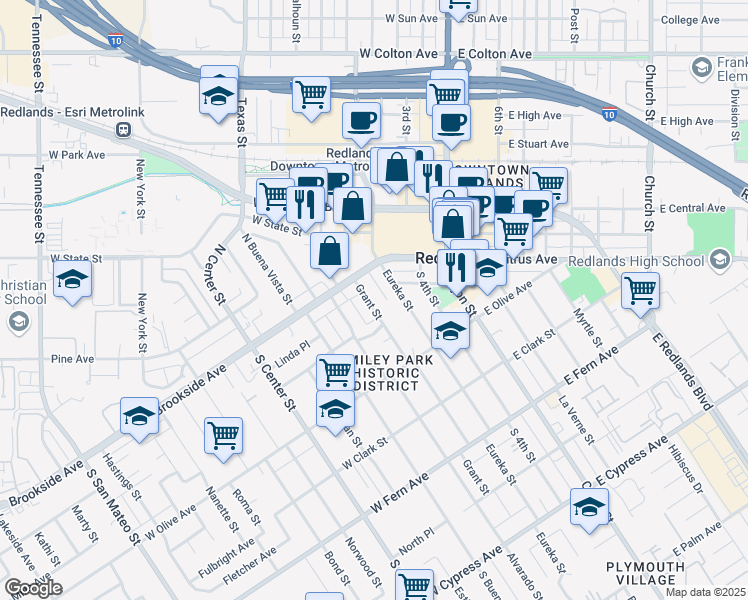 map of restaurants, bars, coffee shops, grocery stores, and more near 11 Grant Street in Redlands