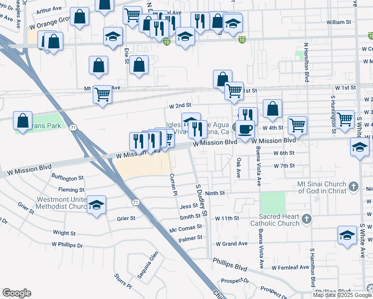 map of restaurants, bars, coffee shops, grocery stores, and more near 1556 Brea Canyon Road in Pomona
