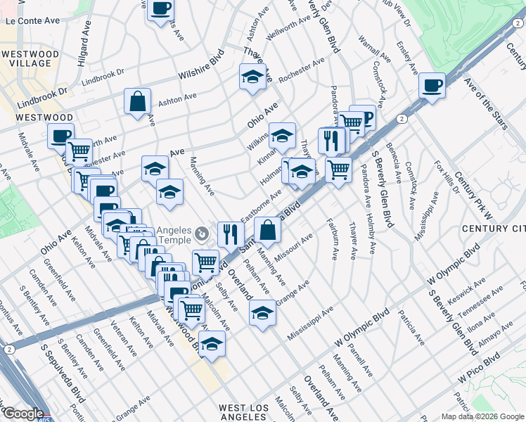 map of restaurants, bars, coffee shops, grocery stores, and more near 10617 Eastborne Avenue in Los Angeles