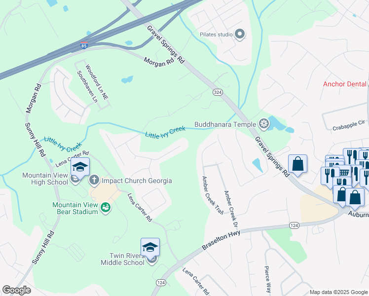 map of restaurants, bars, coffee shops, grocery stores, and more near 2553 Bancroft Way in Buford