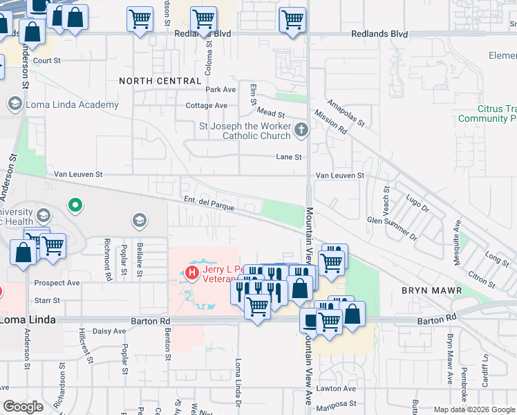 map of restaurants, bars, coffee shops, grocery stores, and more near 25514 Portola Loop in Loma Linda