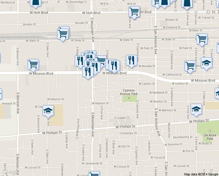 map of restaurants, bars, coffee shops, grocery stores, and more near 851 South Palmetto Avenue in Ontario