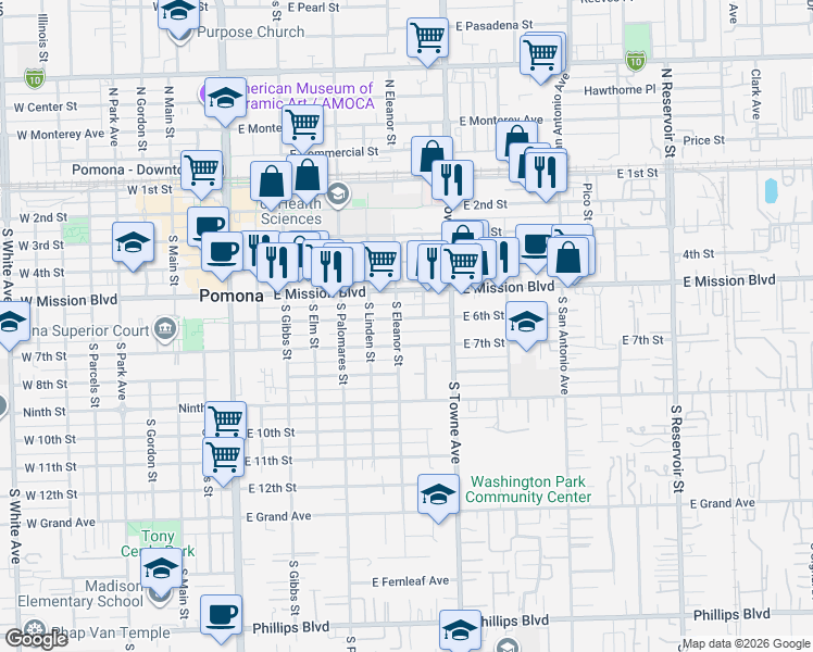 map of restaurants, bars, coffee shops, grocery stores, and more near 747 East 6th Street in Pomona