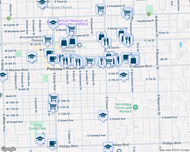 map of restaurants, bars, coffee shops, grocery stores, and more near 747 East 6th Street in Pomona