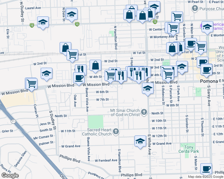 map of restaurants, bars, coffee shops, grocery stores, and more near 1110 West Mission Boulevard in Pomona