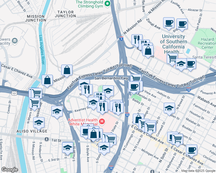 map of restaurants, bars, coffee shops, grocery stores, and more near in Los Angeles