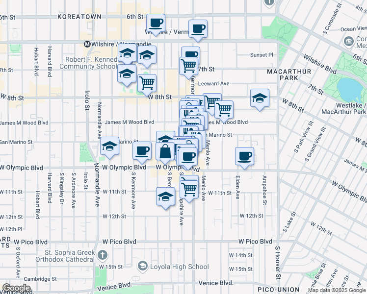 map of restaurants, bars, coffee shops, grocery stores, and more near 2946 San Marino Street in Los Angeles