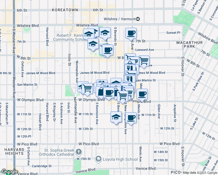 map of restaurants, bars, coffee shops, grocery stores, and more near 2992 San Marino Street in Los Angeles