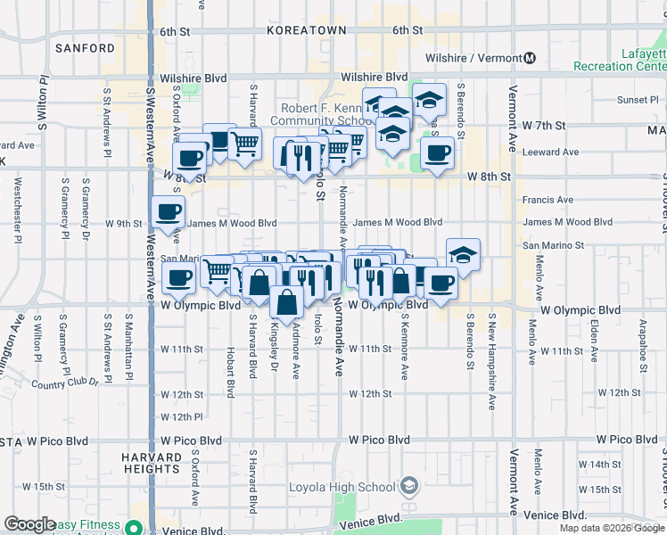 map of restaurants, bars, coffee shops, grocery stores, and more near 3215 San Marino Street in Los Angeles