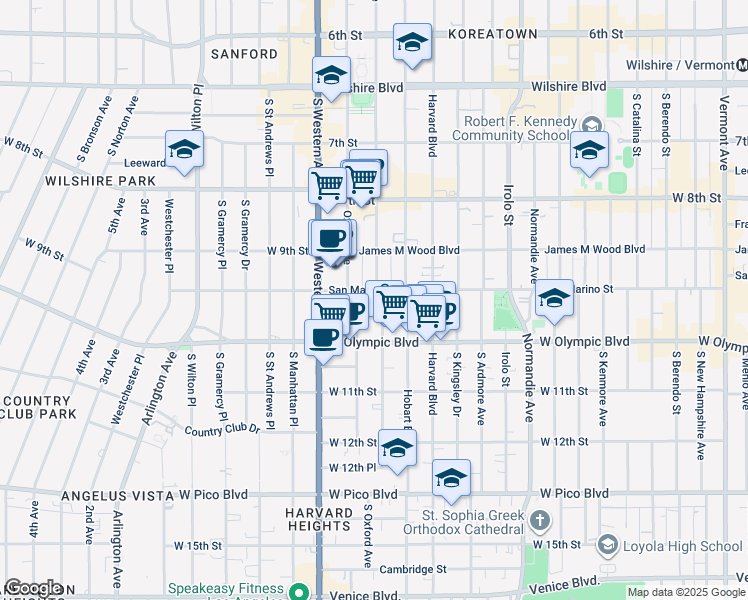 map of restaurants, bars, coffee shops, grocery stores, and more near 940 South Serrano Avenue in Los Angeles