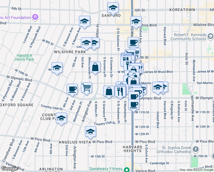 map of restaurants, bars, coffee shops, grocery stores, and more near 939 South Gramercy Place in Los Angeles