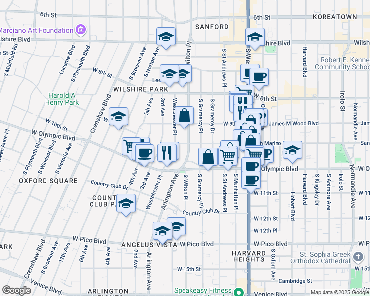 map of restaurants, bars, coffee shops, grocery stores, and more near 3717 San Marino Street in Los Angeles