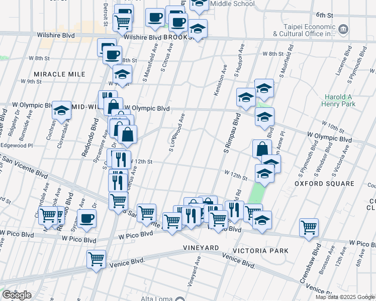 map of restaurants, bars, coffee shops, grocery stores, and more near 1132 South Tremaine Avenue in Los Angeles