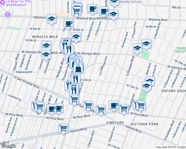map of restaurants, bars, coffee shops, grocery stores, and more near 1144 South Highland Avenue in Los Angeles