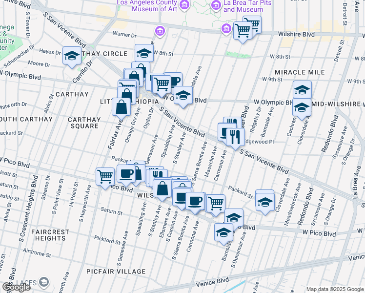 map of restaurants, bars, coffee shops, grocery stores, and more near 1124 South Stanley Avenue in Los Angeles