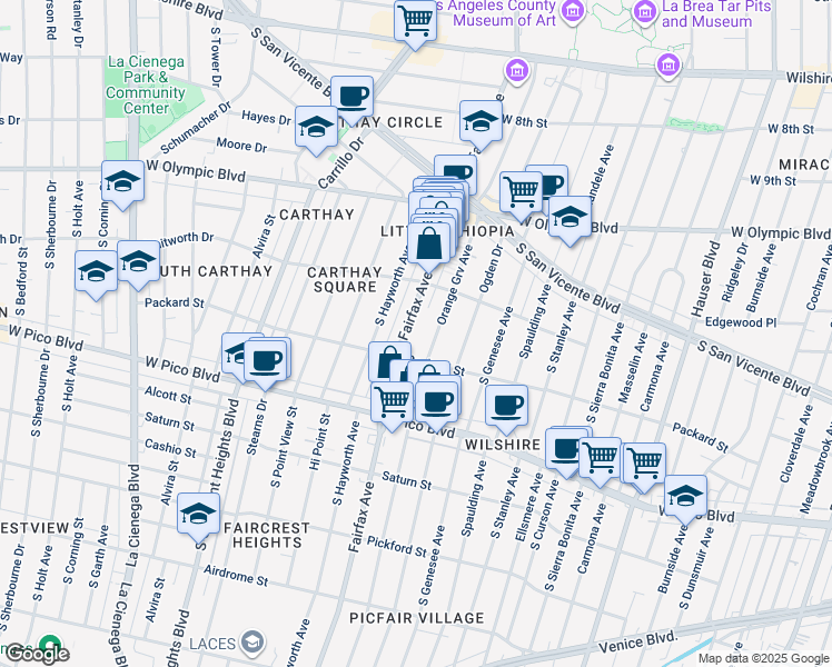 map of restaurants, bars, coffee shops, grocery stores, and more near 1134 South Fairfax Avenue in Los Angeles