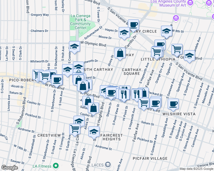 map of restaurants, bars, coffee shops, grocery stores, and more near 1172 South Crescent Heights Boulevard in Los Angeles