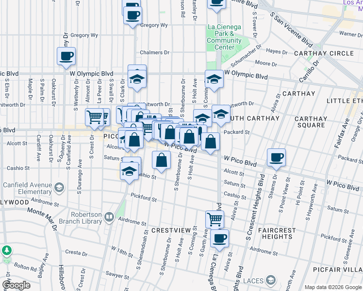 map of restaurants, bars, coffee shops, grocery stores, and more near 8647 West Pico Boulevard in Los Angeles