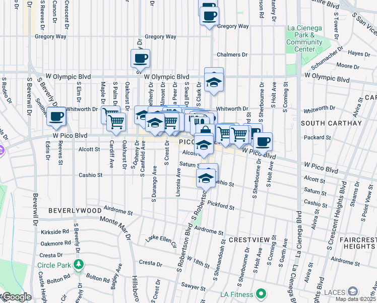 map of restaurants, bars, coffee shops, grocery stores, and more near 8885 West Pico Boulevard in Los Angeles