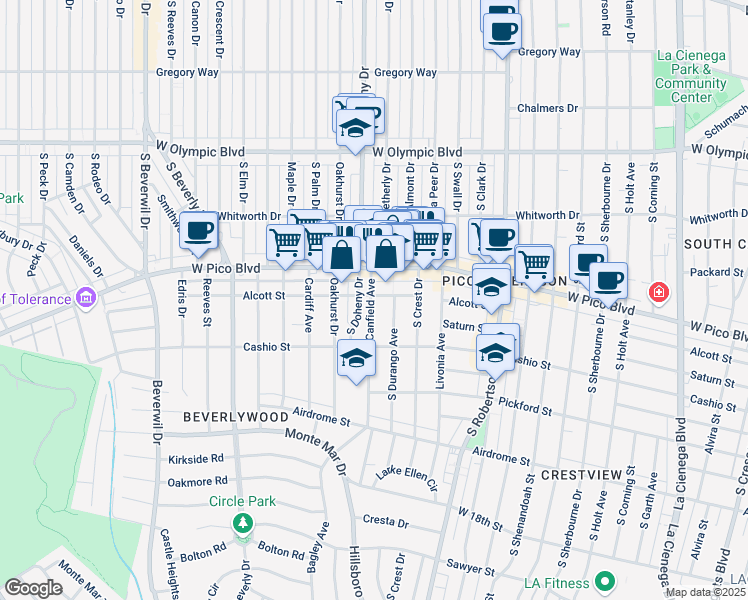 map of restaurants, bars, coffee shops, grocery stores, and more near in Los Angeles