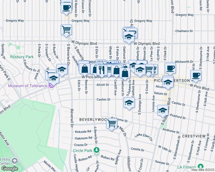 map of restaurants, bars, coffee shops, grocery stores, and more near 9315 Alcott Street in Los Angeles