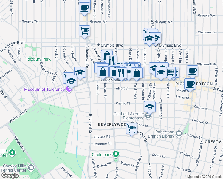 map of restaurants, bars, coffee shops, grocery stores, and more near 1418 South Beverly Drive in Los Angeles