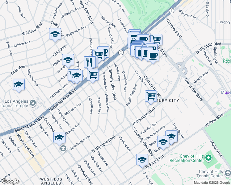 map of restaurants, bars, coffee shops, grocery stores, and more near 41 South Beverly Glen Boulevard in Los Angeles