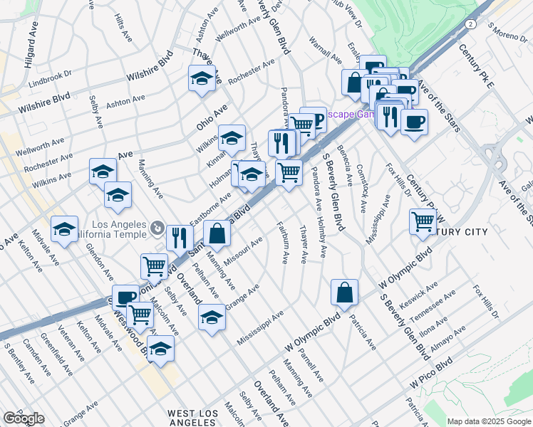 map of restaurants, bars, coffee shops, grocery stores, and more near 10540 1/2 California 2 in Los Angeles