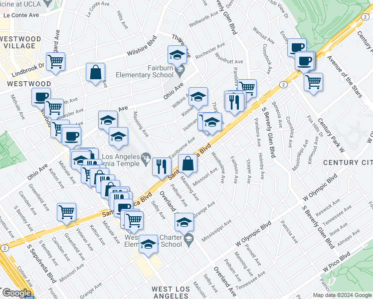 map of restaurants, bars, coffee shops, grocery stores, and more near 10617 Eastborne Avenue in Los Angeles